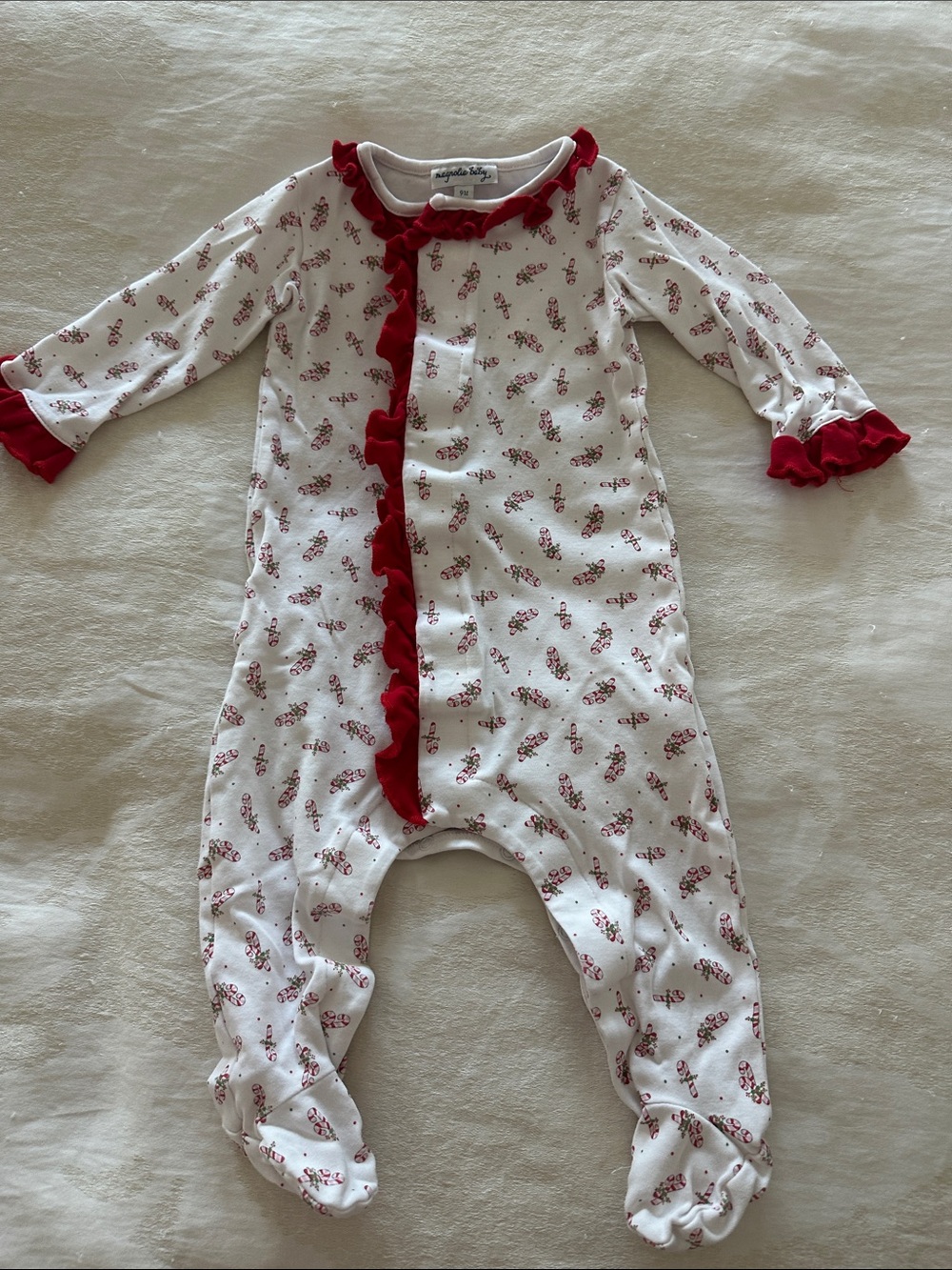 Magnolia Baby White & Red Ruffle Footed Pajamas - Candy Print 9m